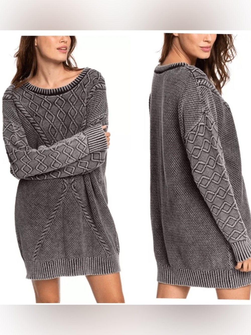 Roxy Snow Day Cable Knit Dress Grey Black Acid Wash Indie Boho Oversized S